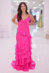 Fuchsia Prom Dress Ruffled V-Neck Chiffon Mermaid Formal Dress