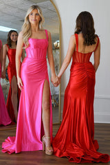 Fuchsia Prom Dress Satin Corset Mermaid Long Formal Dress With Slit