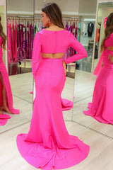 Fuchsia Prom Dress Satin Mermaid Long Formal Dress With Long Sleeves