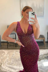 Burgundy Prom Dress Sequined Backless Mermaid Long Evening Dress