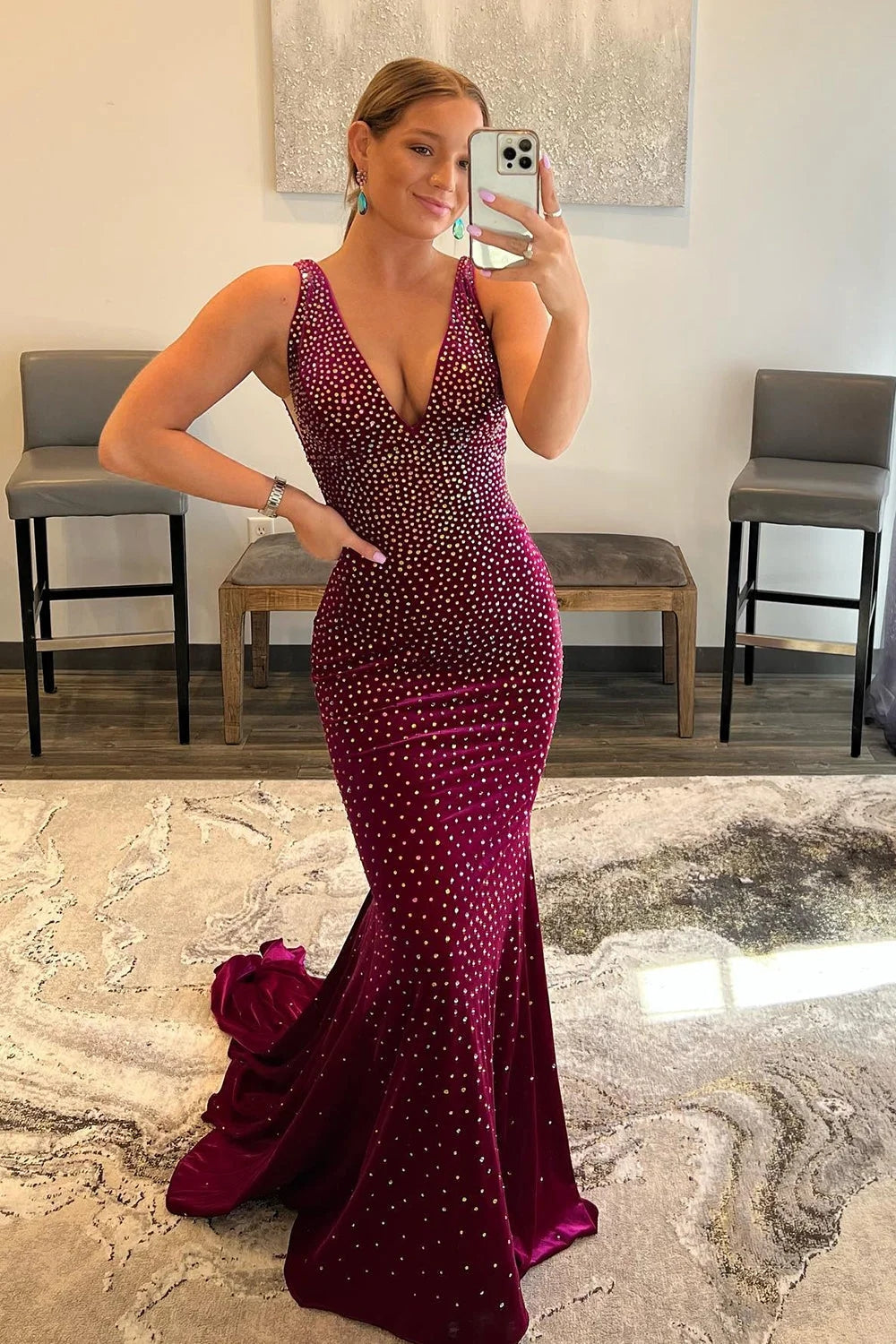 Fuchsia Prom Dress Sequined Backless Mermaid Long Evening Dress