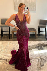 Fuchsia Prom Dress Sequined Backless Mermaid Long Evening Dress