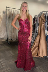 Fuchsia Prom Dress Sequined Sweetheart Long Formal Dress