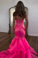 Fuchsia Prom Dress Spaghetti Straps Corset Long Prom Drss with Ruffles