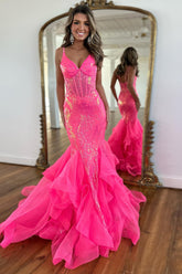 Fuchsia Prom Dress Spaghetti Straps Corset Long Prom Drss with Ruffles