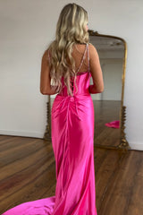 Fuchsia Prom Dress Spaghetti Straps Mermaid Corset Evening Dress with Slit