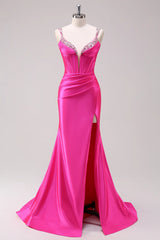 Fuchsia Prom Dress Spaghetti Straps Mermaid Corset Evening Dress with Slit