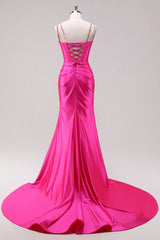 Fuchsia Prom Dress Spaghetti Straps Mermaid Corset Evening Dress with Slit