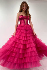 Fuchsia Prom Dress Strapless Ruffled Corset Tulle Long Formal Dress