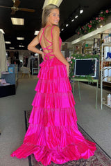 Fuchsia Prom Dress Tiered Beaded Spaghetti Straps Long Evening Dress with Slit