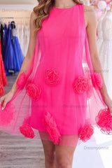 Hot Pink Round Neck Bodycon Short Homecoming Dress with 3D Flowers