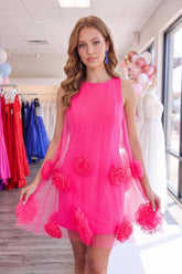 Fuchsia Round Neck Bodycon Short Homecoming Dress with 3D Flowers