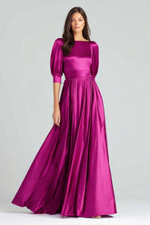 Fuchsia satin A-line prom dress with half puff sleeves and pleated waist sash, full front view
