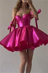 Fuchsia Satin Homecoming Dress Sweetheart Sleeveless Short Cocktail Dress With Ruffles