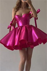 Fuchsia Satin Homecoming Dress Sweetheart Sleeveless Short Cocktail Dress With Ruffles