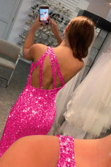 Fuchsia Sequin Prom Dress Long Evening Dress with Slit