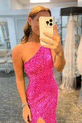 Fuchsia Sequin Prom Dress Long Evening Dress with Slit