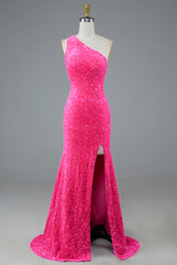 Fuchsia Sequin Prom Dress Long Evening Dress with Slit