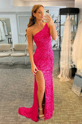 Fuchsia Sequin Prom Dress Long Evening Dress with Slit
