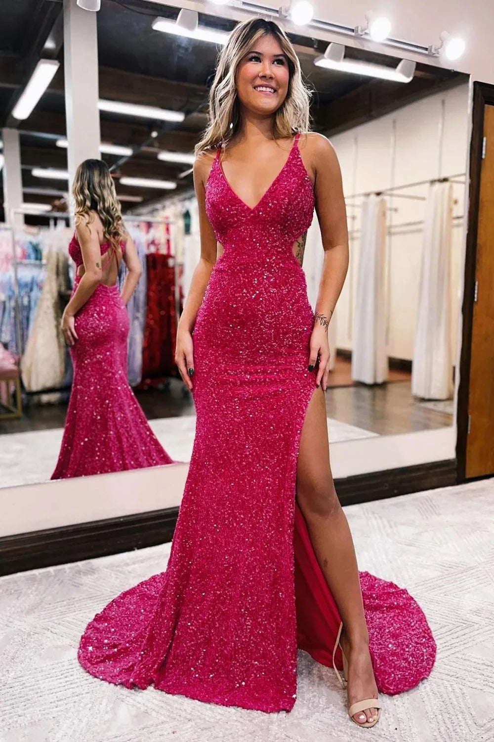 Fuchsia Sequins Mermaid Open Back Long Prom Dress with Slit