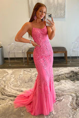 Fuchsia Spaghetti Straps Prom Dress Tulle Appliques Evening Dress