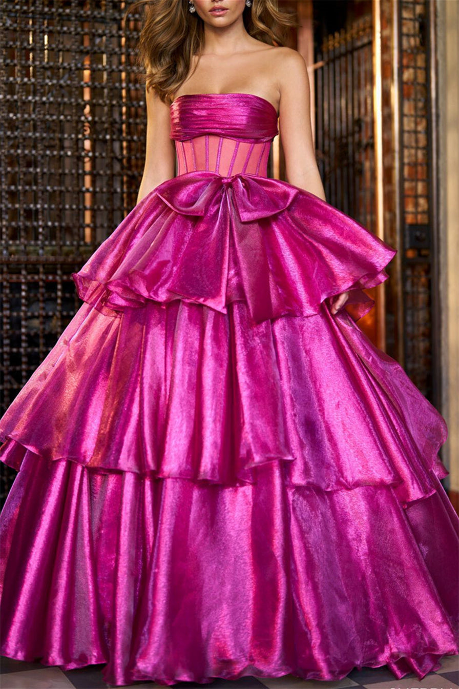 Fuchsia Strapless Prom Dress Tiered Ball Gown Evening Dress