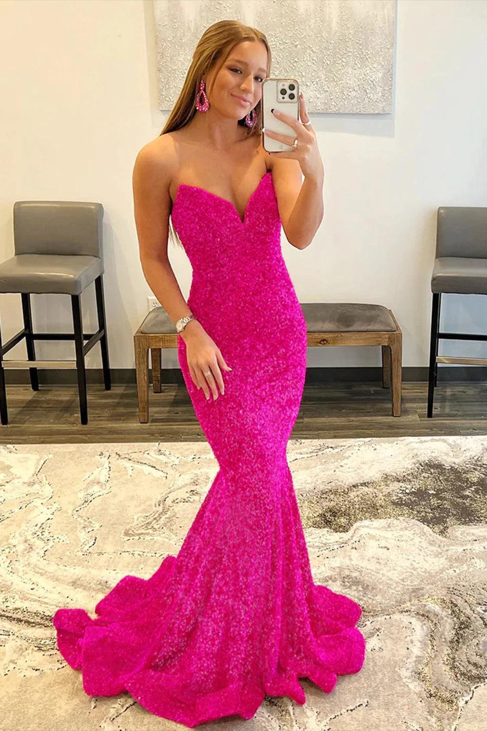 Fuchsia Sweetheart Prom Dress Mermaid Sequin Evening Dress