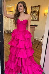 Fuchsia Tiered Prom Dress A Line Sweetheart Corset Long Cocktail Dress