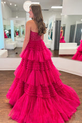 Fuchsia Tulle Tiered Corset Long Prom Dress with Lace
