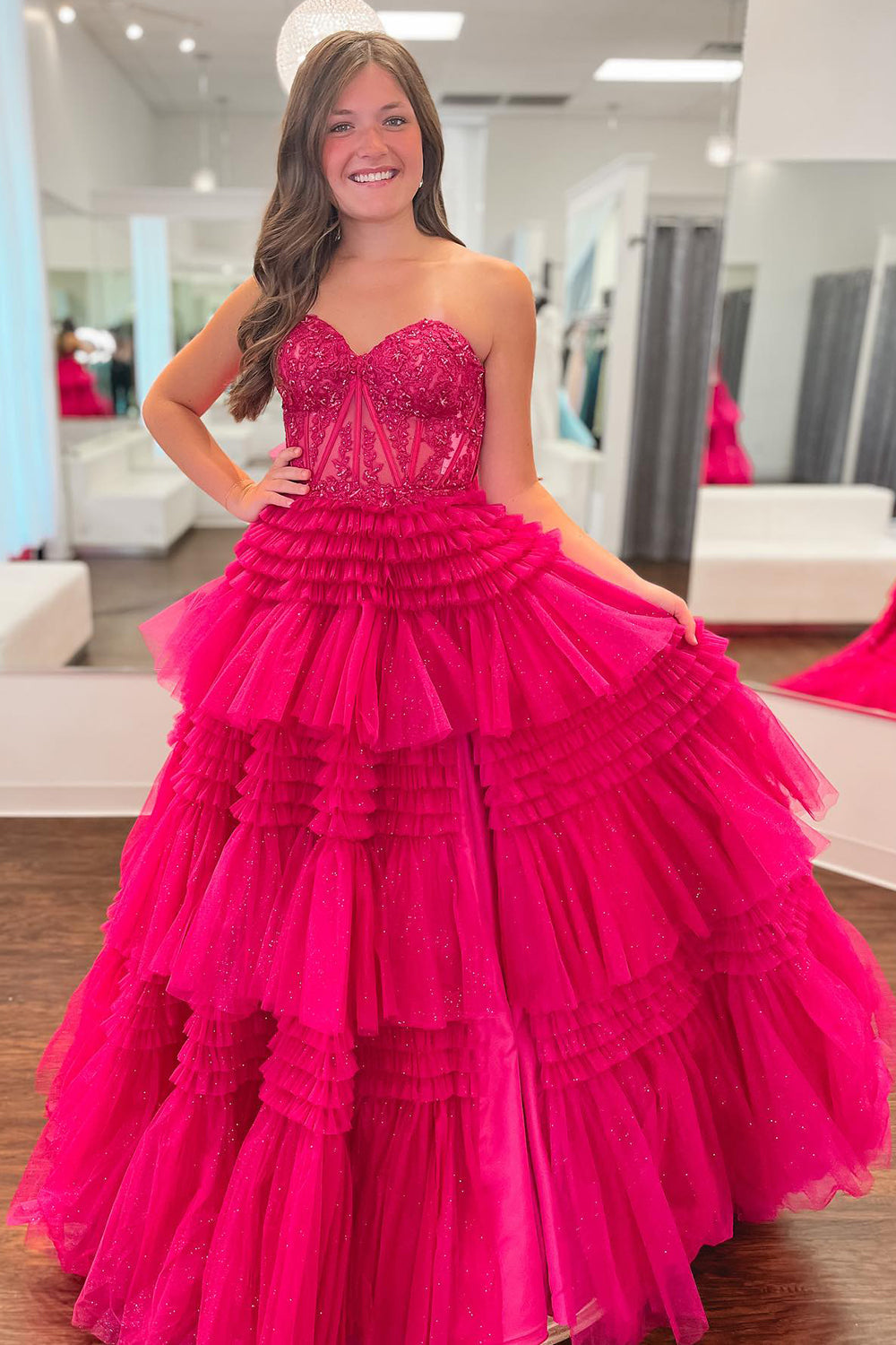 Fuchsia Tulle Tiered Corset Long Prom Dress with Lace