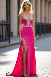 Fuchsia Wedding Guest Dress Long Sheath Satin Appliqued Prom Dress With Slit