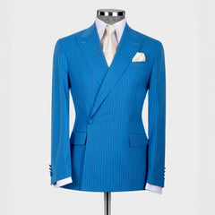 Generous Blue Striped Peaked Lapel Prom Suit