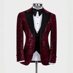 Generous Burgundy Peaked Lapel 3 Piece Sequins Prom Suit