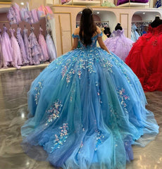 Glamorous Ball Gown Off Shoulder 3D Floral Lace Applique Beaded Lake Blue Tulle Quinceanera Dress Princess Birthday Party Gown For Sweet 16