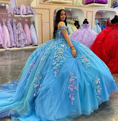 Glamorous Ball Gown Off Shoulder 3D Floral Lace Applique Beaded Lake Blue Tulle Quinceanera Dress Princess Birthday Party Gown For Sweet 16