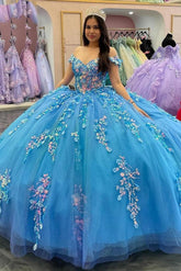Glamorous Ball Gown Off Shoulder 3D Floral Lace Applique Beaded Lake Blue Tulle Quinceanera Dress Princess Birthday Party Gown For Sweet 16