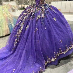 Glamorous Ball Gown Off Shoulder 3D Floral Lace Appliques Beaded Purple Tulle Quinceanera Dress Birthday Princess For Sweet 16