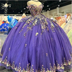 Glamorous Ball Gown Off Shoulder 3D Floral Lace Appliques Beaded Purple Tulle Quinceanera Dress Birthday Princess For Sweet 16
