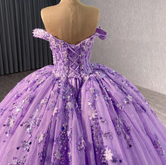 Glamorous Ball Gown Off Shoulder 3D Flower Lace Appliques Beaded Purple Tulle Quinceanera Dress Evening Party Gown For Sweet 16