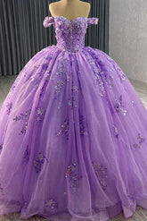 Glamorous Ball Gown Off Shoulder 3D Flower Lace Appliques Beaded Purple Tulle Quinceanera Dress Evening Party Gown For Sweet 16