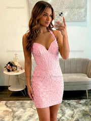 Glamorous Champagne Pearl Beaded Corset Short Homecoming Dress