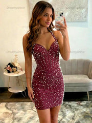 Glamorous Champagne Pearl Beaded Corset Short Homecoming Dress
