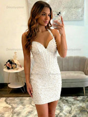 Glamorous Champagne Pearl Beaded Corset Short Homecoming Dress
