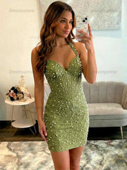 Glamorous Champagne Pearl Beaded Corset Short Homecoming Dress