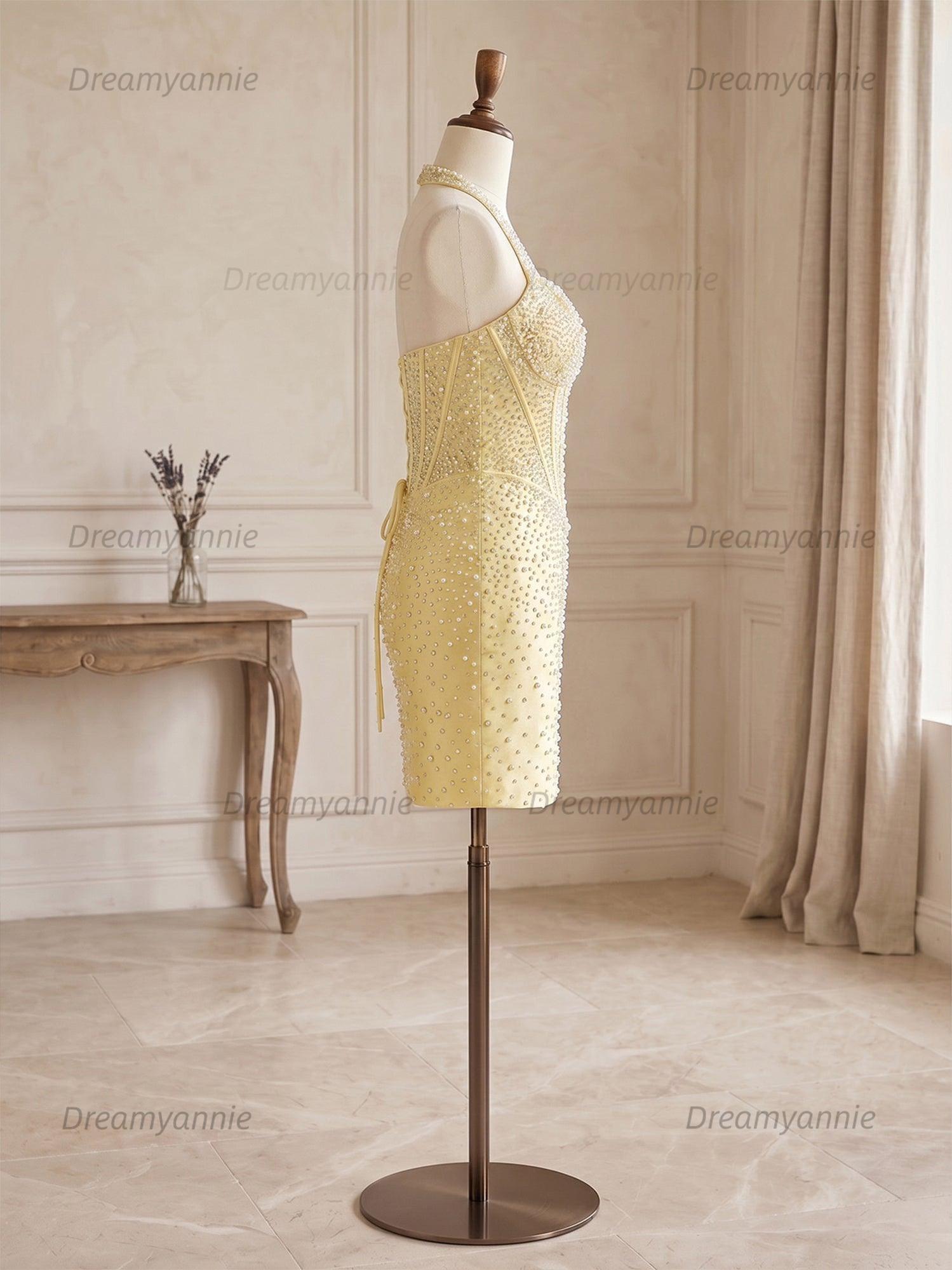 Glamorous Champagne Pearl Beaded Corset Short Homecoming Dress
