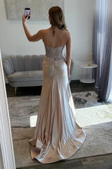 Glamorous Champagne Sweetheart Beaded Top Satin Prom Dress With High Slit Formal Evening Gown