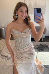 Glamorous Champagne Sweetheart Beaded Top Satin Prom Dress With High Slit Formal Evening Gown