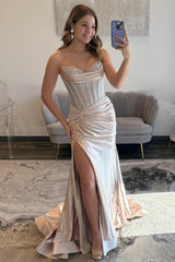 Glamorous Champagne Sweetheart Beaded Top Satin Prom Dress With High Slit Formal Evening Gown