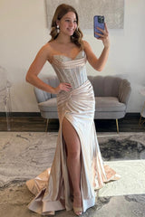 Glamorous Champagne Sweetheart Beaded Top Satin Prom Dress With High Slit Formal Evening Gown