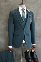 Glamorous Cyan Peaked Lapel 3 Piece Business Suit